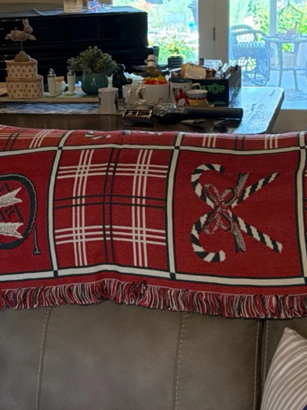 American Weavers Holiday Plaid Throw with Candy Cane & Bow Green, Red, Cream